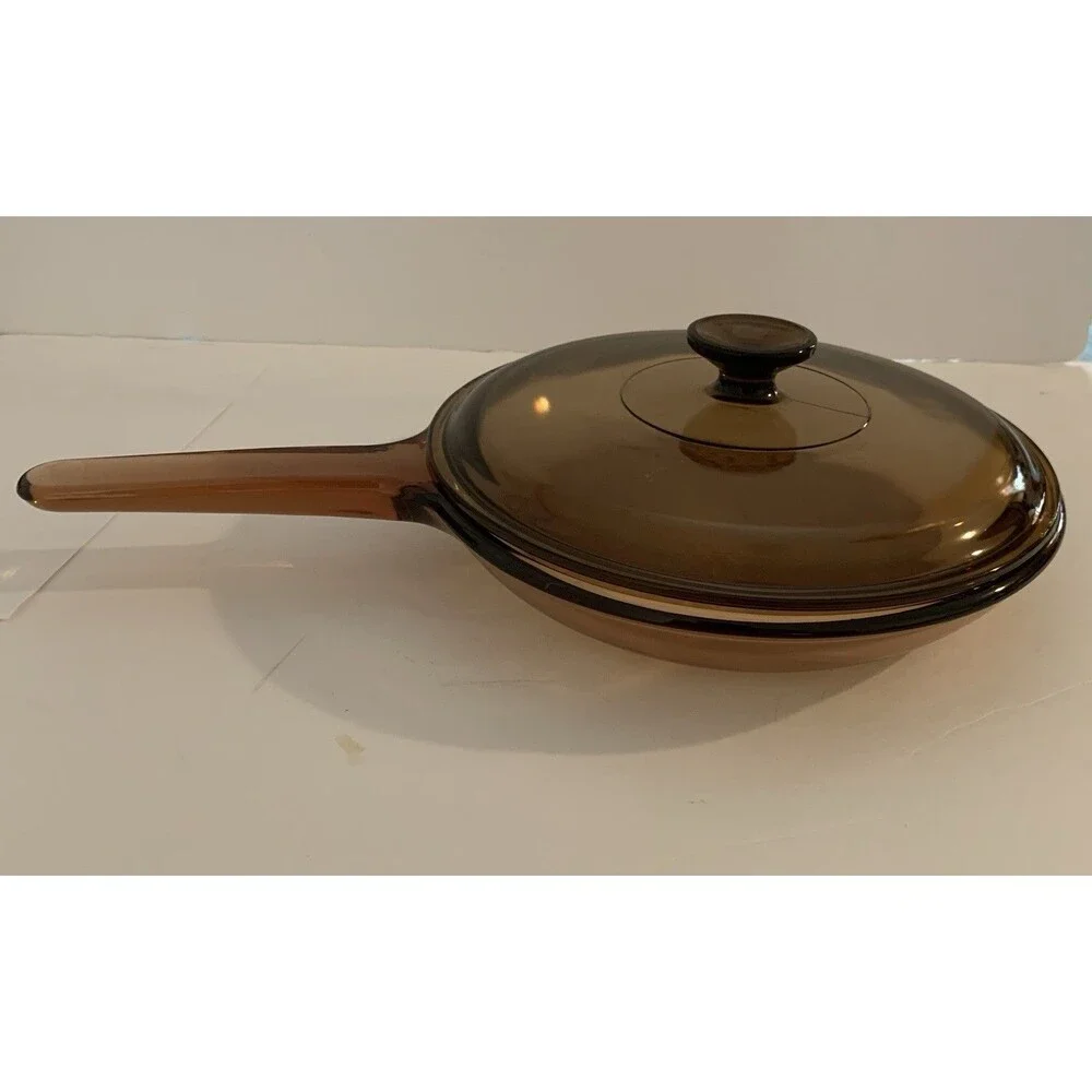 Vision Corning Large 10” Waffle Bottom Frying Pan Skillet & Lid Amber USA READ